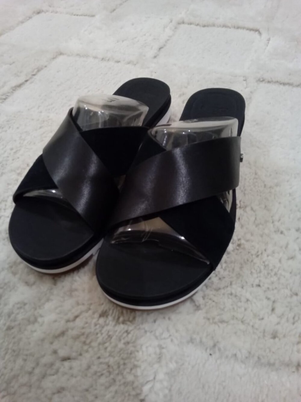 UGG Black Leather Slides Criss Cross Slip On Sandals Womens